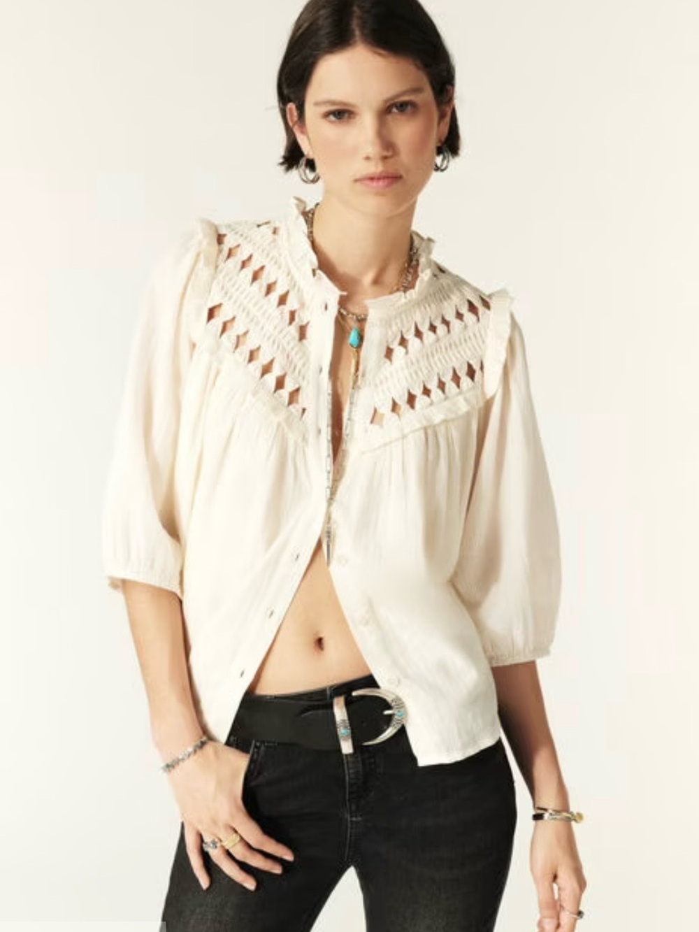 ba&sh Beluna Blouse Ivory XS 100% Cotton Short Sleeve Boho Romantic Top